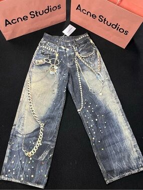 Acne Studded Washed-Black Jeans with Chain Motif
